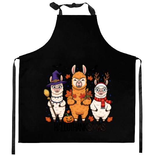 Hallothanksmas Llama Trio Halloween Xmas Kitchen Aprons Gift