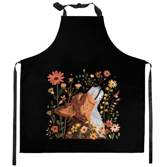 Serene Howling Wolf Amid Floral Bloom Kitchen Aprons