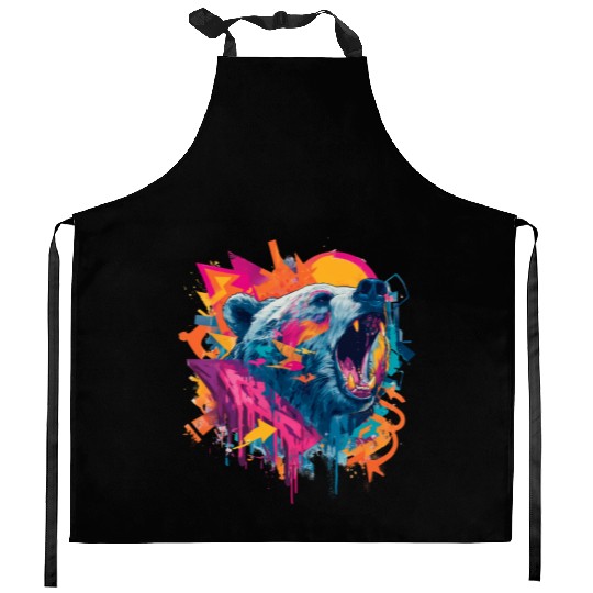 Vibrant Roaring Bear Graffiti Design Kitchen Aprons