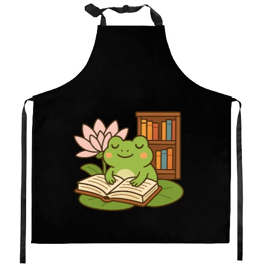 Serene Frog Reading Book Under Lotus Kitchen Aprons