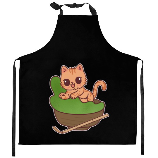 Kawaii Cat in Matcha Tea Bowl Kitchen Aprons