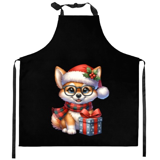 Festive Holiday Pug with Glasses and Gift Kitchen Aprons