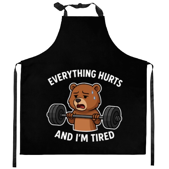 Bear Lifting Weights with Sad Expression Kitchen Aprons