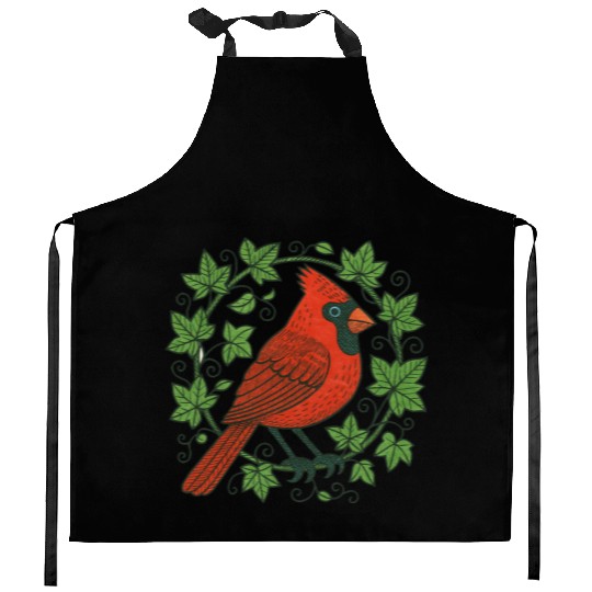 Vibrant Cardinal Amidst Ivy Leaves Kitchen Aprons