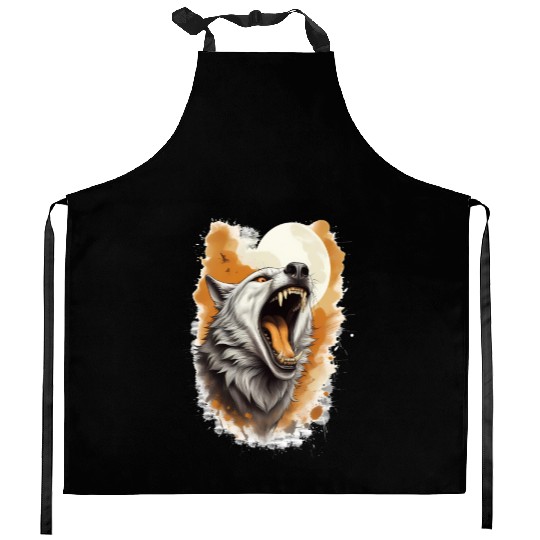 Howling Wolf Under Full Moon Kitchen Aprons