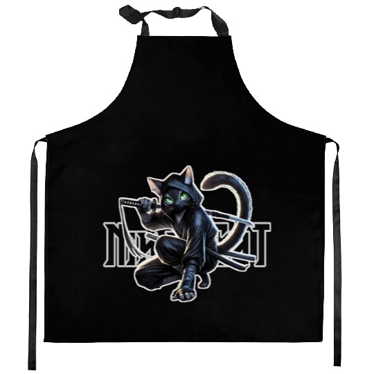 Stealthy Black Cat Ninjutsu Design Kitchen Aprons