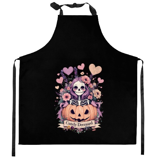 Whimsical Skeleton with Pumpkin and Floral Accents Kitchen Aprons