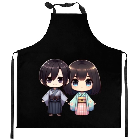 Chibi Kawaii Traditional Kimono Duo Kitchen Aprons