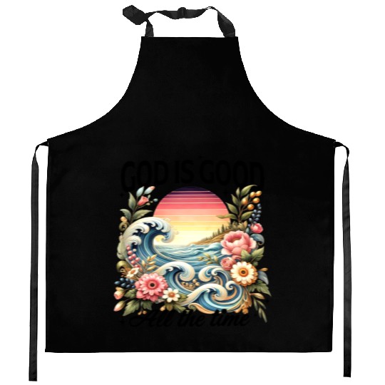 Elegant Wave and Floral Sunset Scene - GOD IS GOOD Kitchen Aprons
