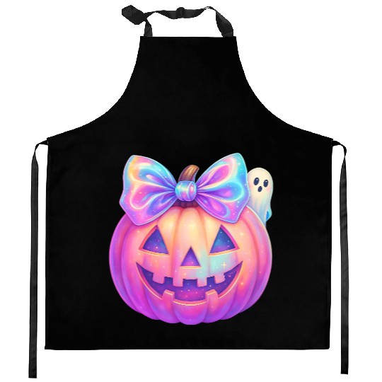 Glowing Halloween Pumpkin with Iridescent Bow Kitchen Aprons
