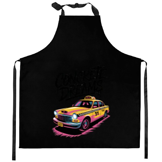 Vibrant Taxi Dreams Illustration Kitchen Aprons