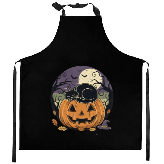 Spooky Cat Nap Pumpkin | Halloween Party Design Kitchen Aprons