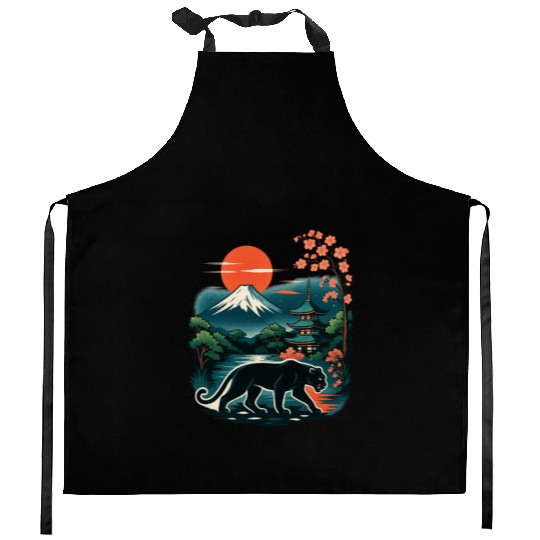 Serene Japanese Landscape with Mount Fuji Kitchen Aprons