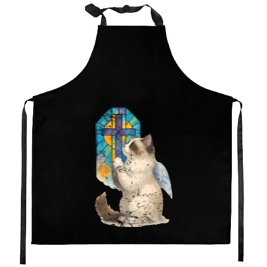 Celestial Cat with Stained Glass Cross Kitchen Aprons