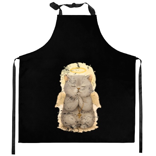 Praying Cat with Halo and Cross Kitchen Aprons