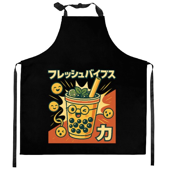 Playful Bubble Tea Illustration Kitchen Aprons