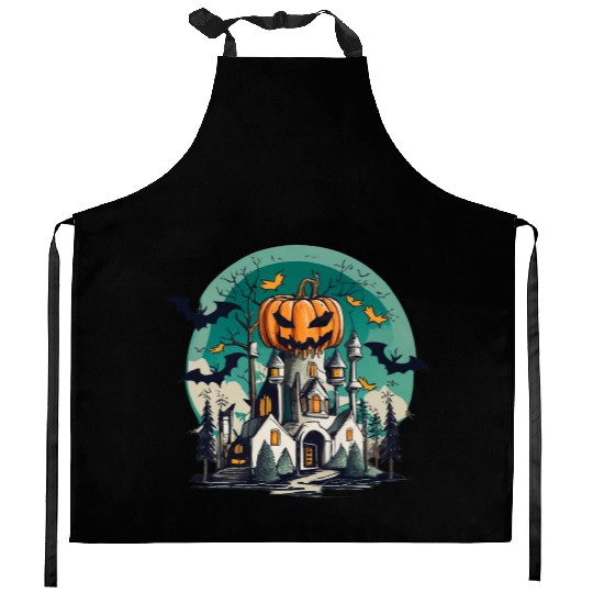 Haunted Pumpkin Castle Halloween Design Kitchen Aprons
