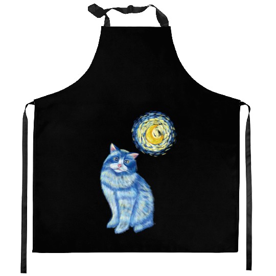 Blue Van Gogh Starry Night Ragdoll Cat Graphic Kitchen Aprons