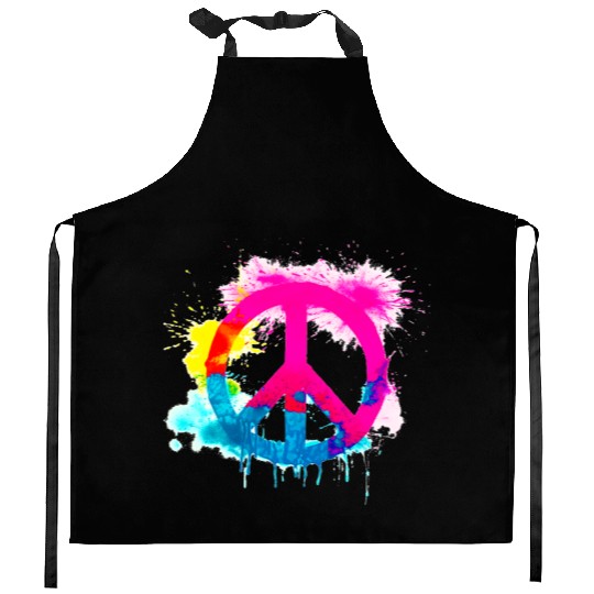 Peace sign neon colors groovy spray paint splatter Kitchen Aprons