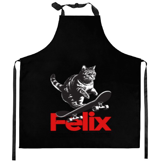 Cool Cat Skateboard with cute Boy Name FELIX Kitchen Aprons