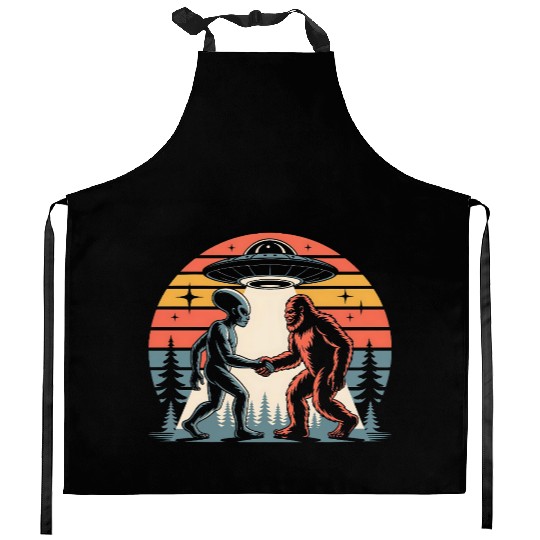 Alien and Bigfoot Retro Sunset UFO Kitchen Aprons