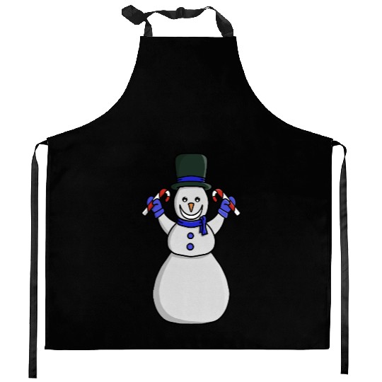 Festive Snowman with Candy Cane and Gloves Kitchen Aprons