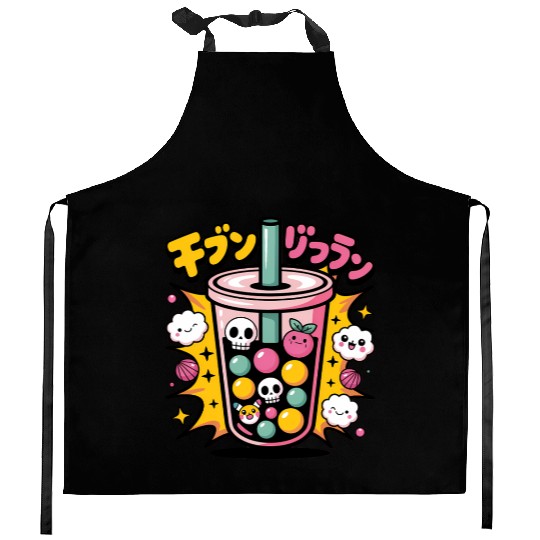 Kawaii Skull Bubble Tea Design Kitchen Aprons