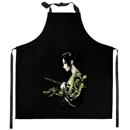 Manga - Neon Samurai with Dragon Ink Design Kitchen Aprons