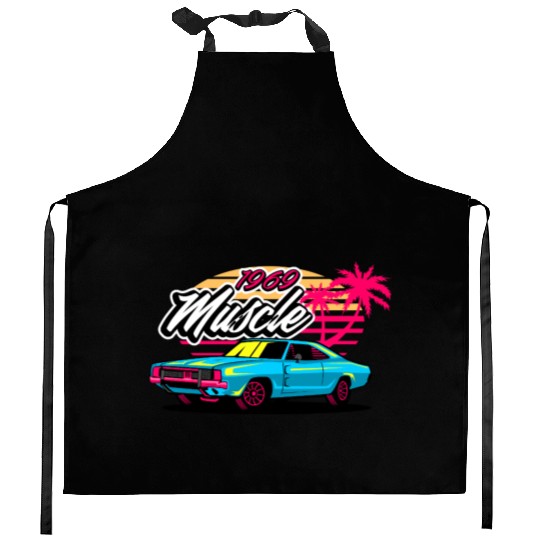 Retro 1969 Muscle Car Sunset Design Kitchen Aprons