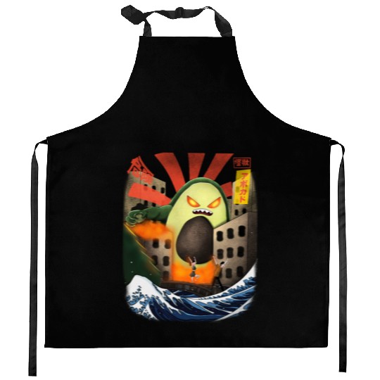 Giant Avocado Kaiju Monster Attack Urban City Kitchen Aprons
