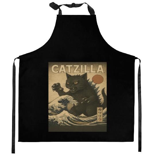 Ukiyo-e Catzilla Retro Japanese Monster Cat Kitchen Aprons