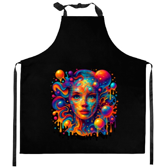 Vivid Psychedelic Woman Portrait Kitchen Aprons
