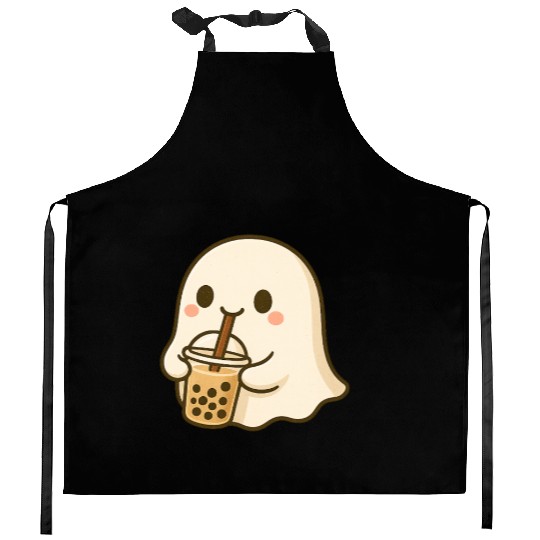 Cute Ghost with Bubble Tea Design Kitchen Aprons