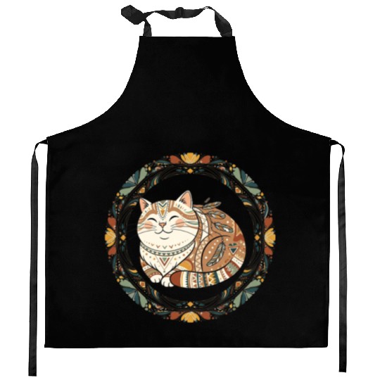 Boho Cat – Smiling Feather Floral Circle Kitchen Aprons