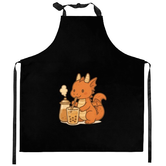 Cute Dragon with Bubble Tea Design Kitchen Aprons