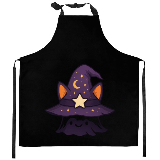Mystical Cat Witch Hat Design Kitchen Aprons