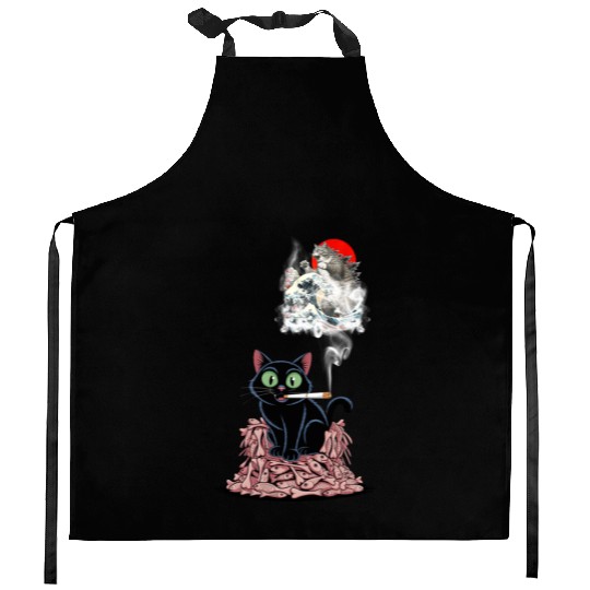 Black Cat Smoking Cigarette Catzilla Kitchen Aprons