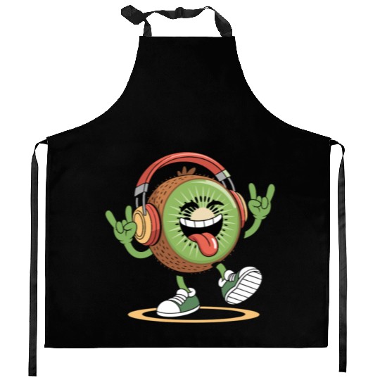 Playful Kiwi Cartoon with Headphones Kitchen Aprons