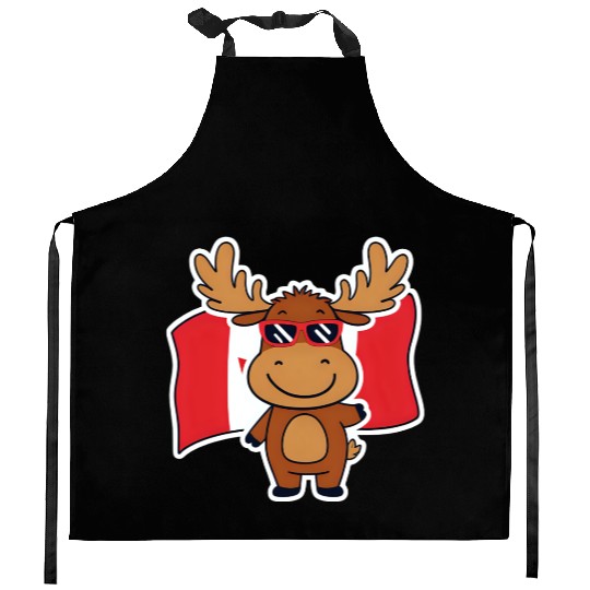Playful Moose with Canadian Flag Kitchen Aprons