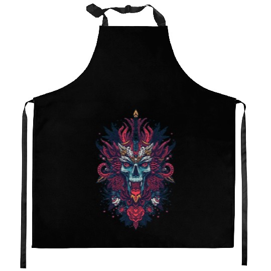 Vivid Tribal Skull with Mandala Elements Kitchen Aprons