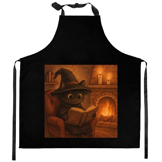 Enchanted Cat Witch by the Fireplace Kitchen Aprons