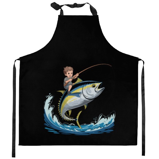 Joyful young boy rides massive jumping tuna Kitchen Aprons