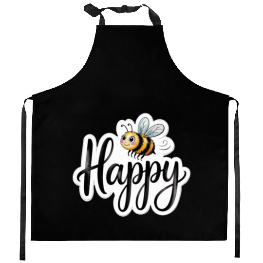 Whimsical Bee and Happy Text Artwork Kitchen Aprons
