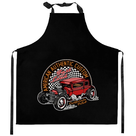 Vintage Hot Rod Car Illustration Kitchen Aprons