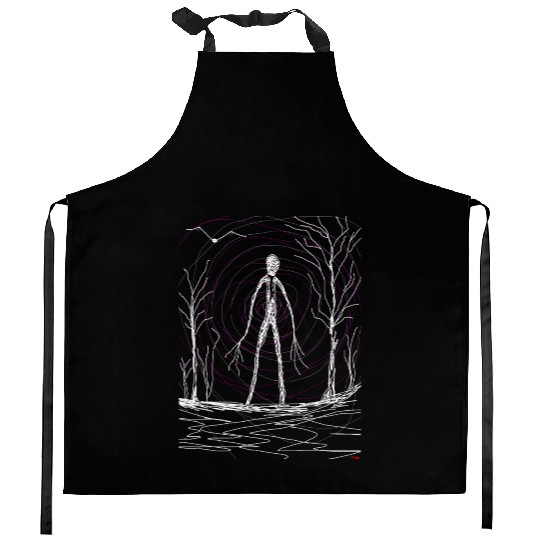 creepy slender man Kitchen Aprons