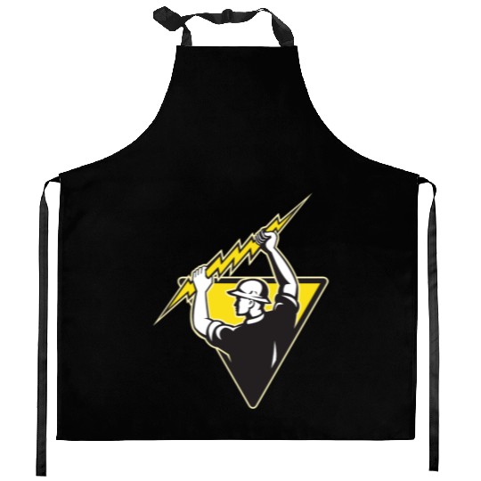 electrician power lineman holding lighting bolt Kitchen Aprons
