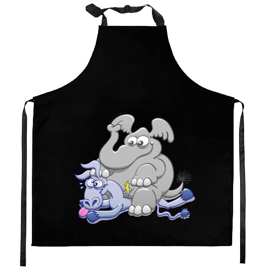 Elephant Sitting on Donkey and Squashing it Kitchen Aprons