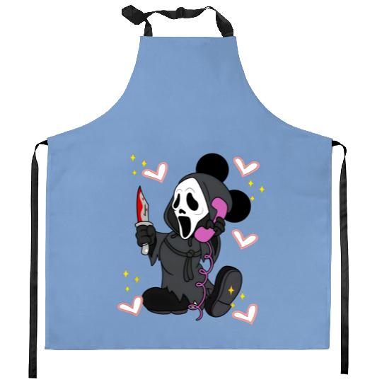 Disney Mickey Scream No You Hang Up Kitchen Aprons, Mickey Ghost Scream Ghostface Phone Call Kitchen Aprons