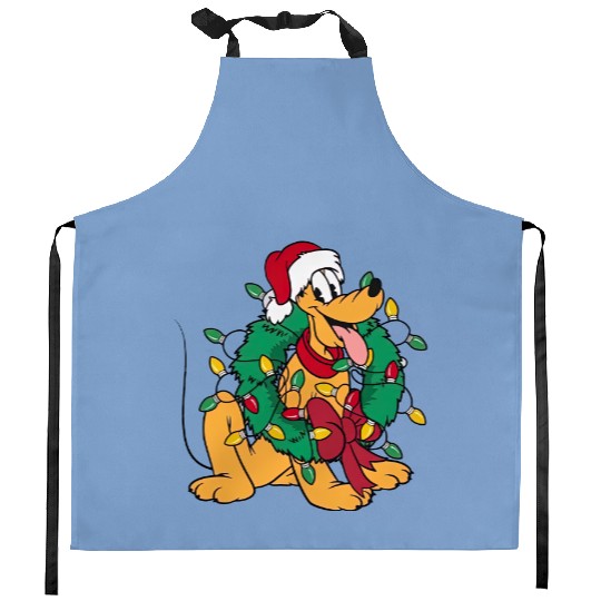 Pluto Wear Santa Hat Hug Christmas Wreath Kitchen Aprons, Very Merry Xmas Party Disney Trip Kitchen Aprons