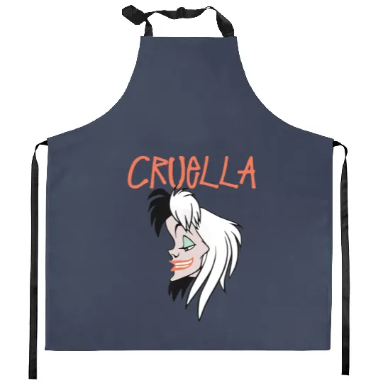 Cruella De Vil Smiley Portrait Kitchen Aprons, 101 Dalmatians Kitchen Aprons, Disney Villains Kitchen Aprons